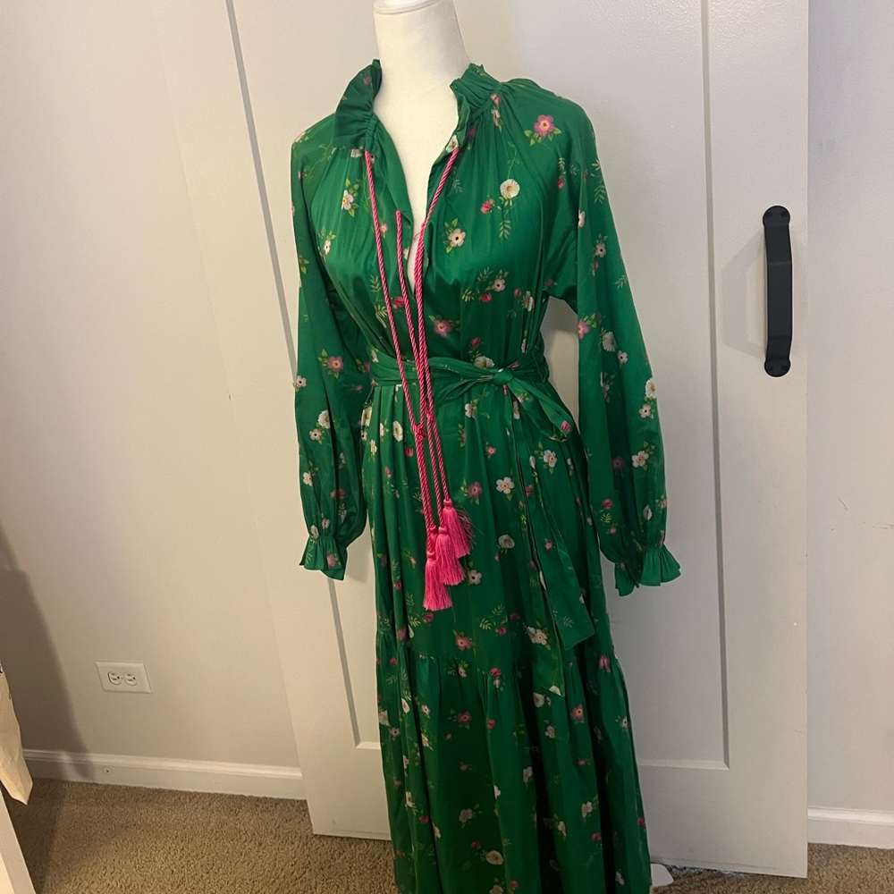 Cynthia Rowley Green Floral Long Sleeve Dress with pink tassels size small - Picture 4 of 9